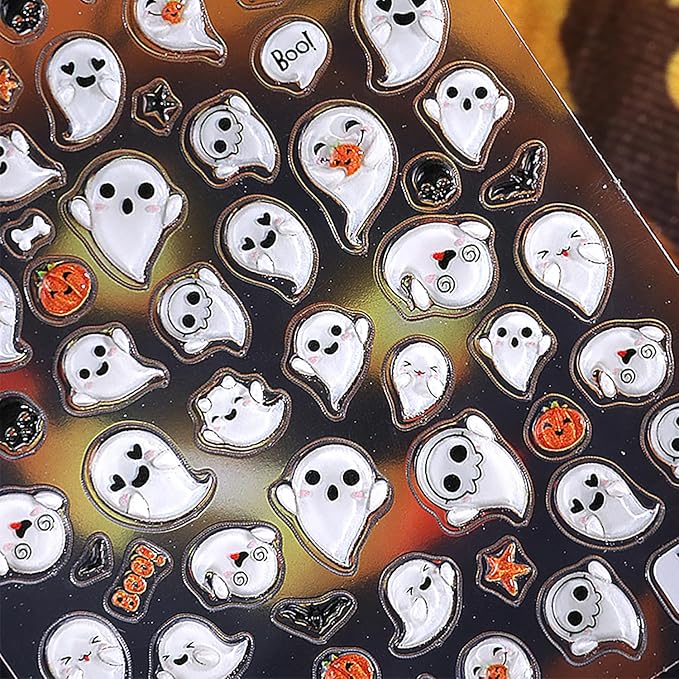 1 Sheets 5d Embossed Ghost Nail Decals for Nail Art Self-Adhesive Scary Halloween Nail Stickers Cute Pumpkin Nail Art Stickers Horror Bat Skull Nail Design Decals for Women Holiday Nails Decorations