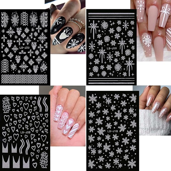 6 Sheets Glitter Silver Snowflake Nail Art Stickers 3D Christmas Nail Decals Self Adhesive Xmas Winter Nail Design Holiday Reindeer Snowflakes Nail Stickers for Women Girls Christmas Nail Decoration
