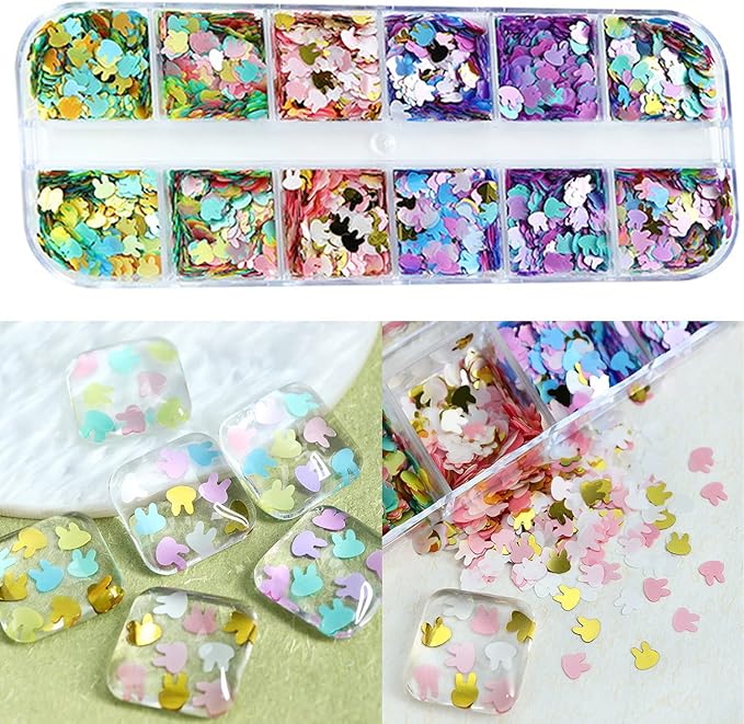 Rabbit Nail Art Glitter Sequins 12 Grids Nail Sequins 3D Holographic Rabbit Nail Decals Flakes for Acrylic Nails Manicure Paillettes Ultra-thin Glitters Nail Art Supplies for Women Nail Art Decoration