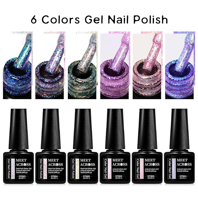 MEET ACROSS Gel Nail Polish Set 6 Pcs Glitter Colors Gel Nail Kit Art Design Soak Off UV LED (SET-2, 6pcs)