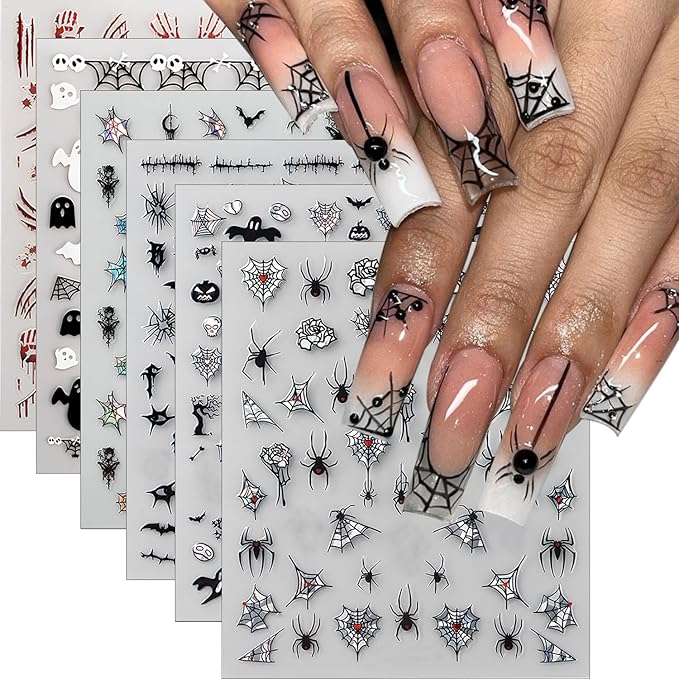 6Pcs Halloween Nail Stickers 3D Spider Web Skull Goth Nails Decals Black Skeleton Hand Bone Bat Spiders Nails Design Ghost Stickers Horror Halloween Nail Art Supplies for Women DIY Manicure Decoration
