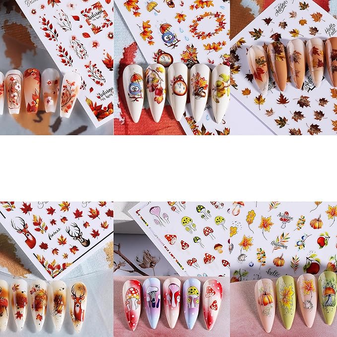 Fall Maple Leaf Nail Art Stickers Autumn Leaves Mushroom Deer Design Self-Adhesive Nail Sticker Fox Pumpkin Wheat Ears Nail Decals for Nails Women Girls Thanksgiving Day DIY Manicure Decor 6 Sheets