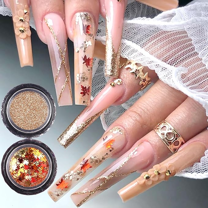 4Pcs Fall Nail Glitters 3D Gold Maple Leaf Nail Sequins with Glitter Flakes Powder Gradient Maple Leaves Shaped Sparkly Supplies for Women Manicure Charms Autumn Winter Thanksgiving Accessories Crafts