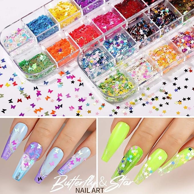 Teenitor 12 Sheets Nail Art Sticker 3D Self-Adhesive, Nail Art Decoration with 5 Boxes Holographic Nail Art Glitter Flakes Butterfly Heart Star Maple Leaf Nail Sequins and Nail Art Flower Slices
