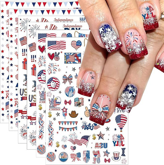 6pcs 4th of July Nail Stickers 3D Nail Decals Independence Day Nail Art Sticker for USA Flags Heart Star Stripe Letters Fireworks Nails Design Adhesive Sticker Patriotic Manicure Decorations for Women