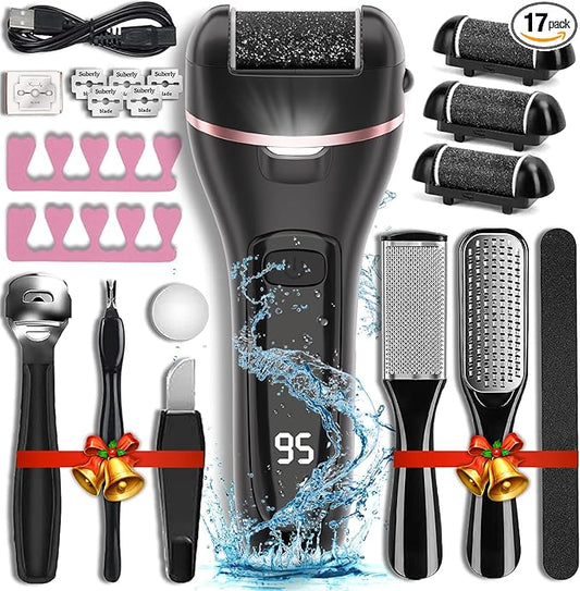 Electric Callus Remover for Feet with Rechargeable Waterproof 17 in 1 Professional Pedicure Kit with 3 Roller Heads 2 Speed Foot Care Tools Perfect for Dead Hard Cracked Dry Skin