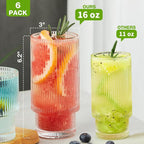 Qipecedm® 6 Pack Ribbed Drinking Glasses, 16 oz Vintage Glass Cups, Highball - Image 3