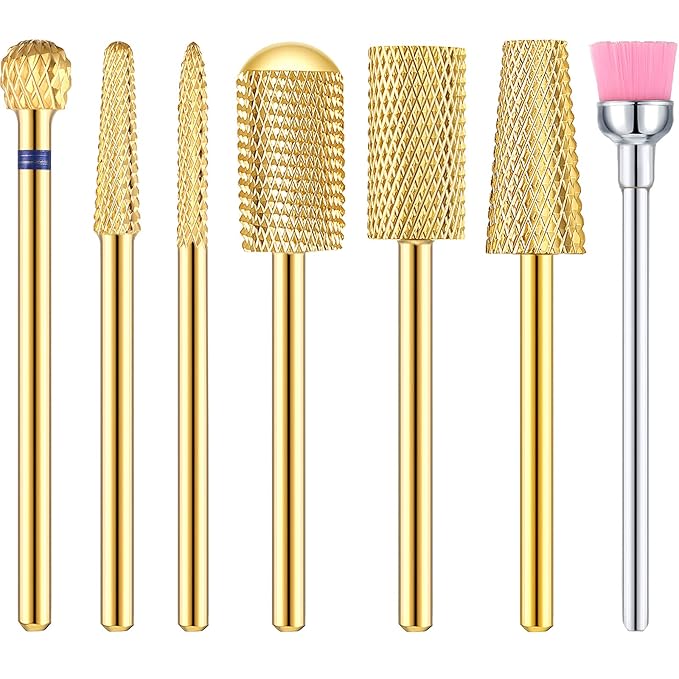 Hestya 7 Pieces Nail Drill Bits Set Tungsten Carbide Drill Bits for Nails Electric File 3/32 Inch Diamond Manicure Pedicure Cuticle Remover Tools for Acrylic Gel fingernail Salon(Gold)