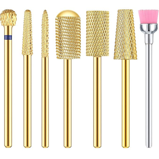 Hestya 7 Pieces Nail Drill Bits Set Tungsten Carbide Drill Bits for Nails Electric File 3/32 Inch Diamond Manicure Pedicure Cuticle Remover Tools for Acrylic Gel fingernail Salon(Gold)
