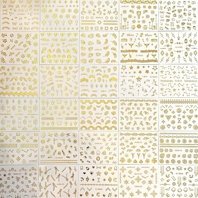 30 Sheets Gold Nail Art Stickers Gold Flower Butterfly Nail Stickers Star Line Self-Adhesive Nail Decals Acrylic Nails DIY Design Nail Supplies for Women and Girls