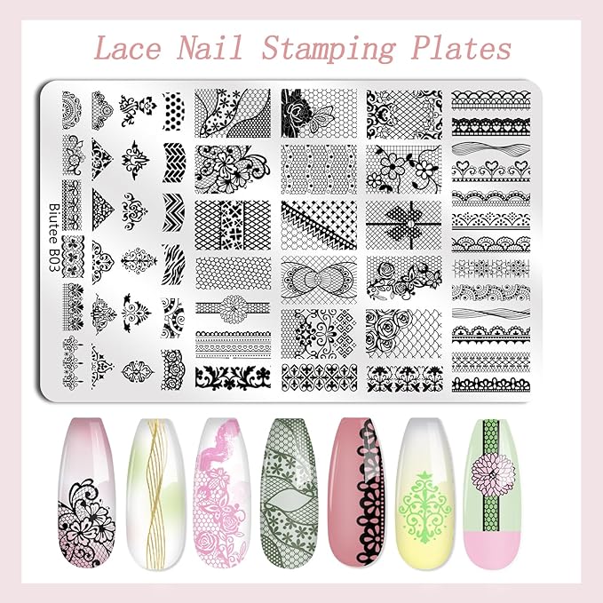 Biutee Nail Stamping Plates 2Pcs French Tip Stamp Plate 110 Patterns Nail Stamping Kit With Silicone Stamper Scraper Large Lace Line Flower Nail Art Stamping Template Christmas Holiday Gift for Women