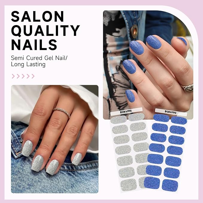 Semi Cured Gel Nail Strips 2 Set, (Glitter Silver/Blue) 56 Pcs Gel Nail Wraps,Stickers Works with Any UV/LED Lamps,Long Lasting,Salon-Quality, Easy to Apply