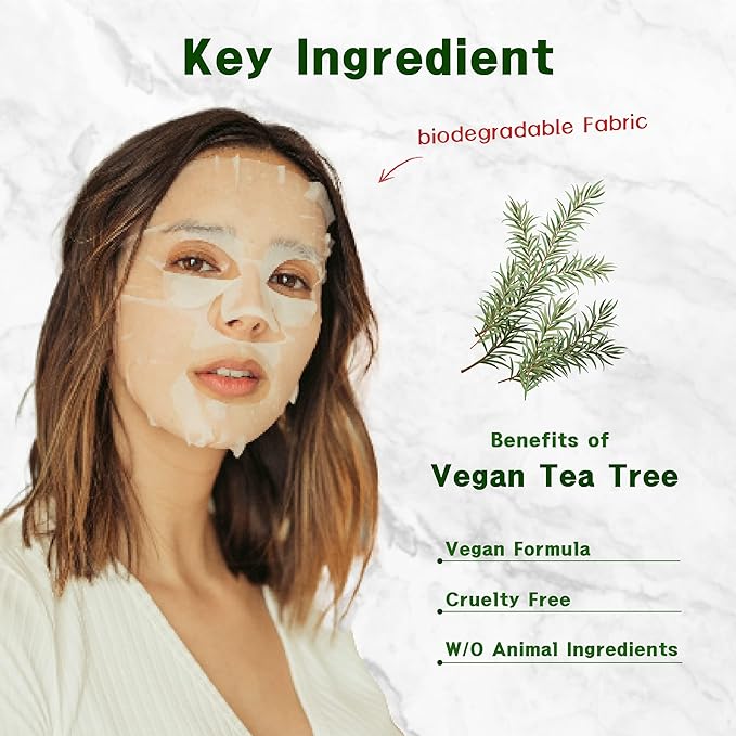 Purederm Vegan Tea Tree Sheet Masks (12 Packs) – Facial Sheet Mask for Calming & Trouble Reducing Treatment