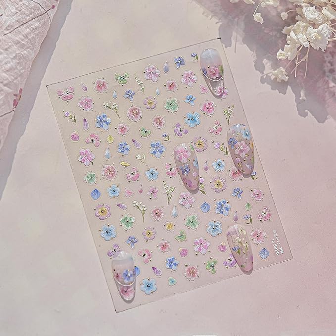 Dried Flower Nail Art Stickers Colorful Flowers Nail Decals for Acrylic Nails 3D Self Adhesive Glitter Designs Nail Sticker Cute Floral Nail Decal Spring Summer Manicure Supplies for Women DIY Decor