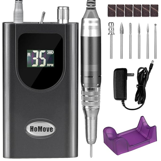 Nail Drill Professional, HoMove 35000RPM Portable Nail Drill Machine, Rechargeable Efile Nails Drill, Low Heat Electric Nail File for Acrylic Gel Nails[Grey]