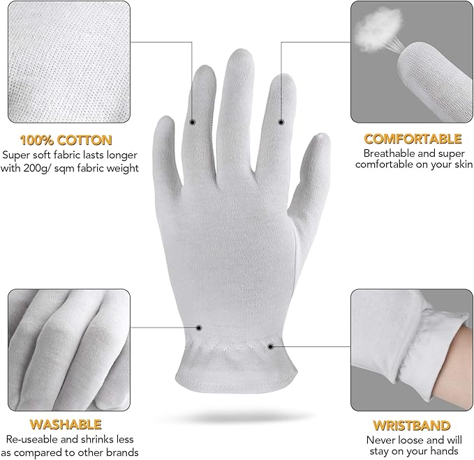1 Size 10 Pairs 100% Premium Cotton Gloves for Dry Hands | Moisturizing Overnight Gloves for Eczema, Psoriasis & Skin Spa Treatment for Women & Men | Washable & Reusable with Free Laundry Bag