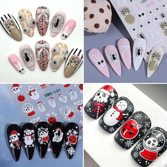 2Sheets Halloween Nail Art Stickers 5D Embossed Evil Snowman Ghost Designs Nail Decals Self-Adhesive Skull Pumpkin Nail Stickers Litter Bear Eye Nail Decal Spider Nail Sticker for Women Nails Decor