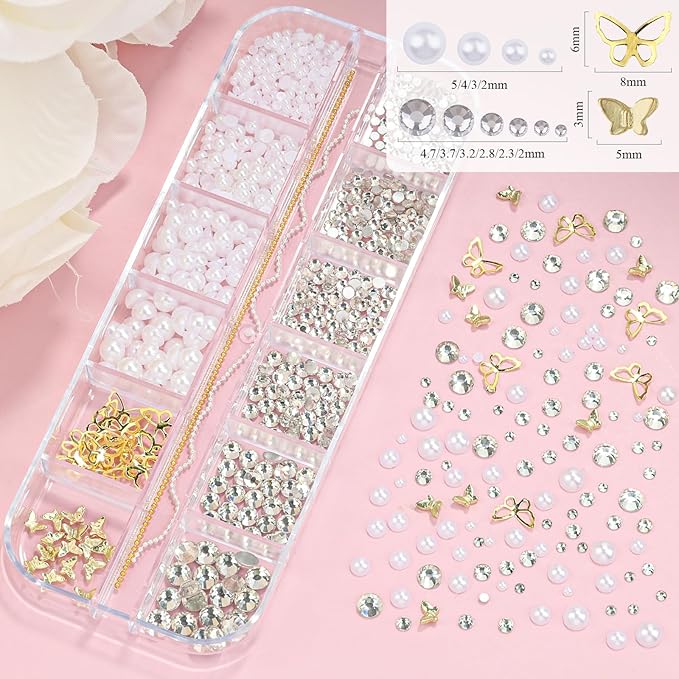 3 Boxes 3D Flower Nail Charms and Gems - Colorful Nail Flower & Metal Butterfly Charms Clear Rhinestones Gemstones Silver/Gold Caviar Beads White Pearls with Nail Chain for DIY Nails (13-S3-Mixed2)