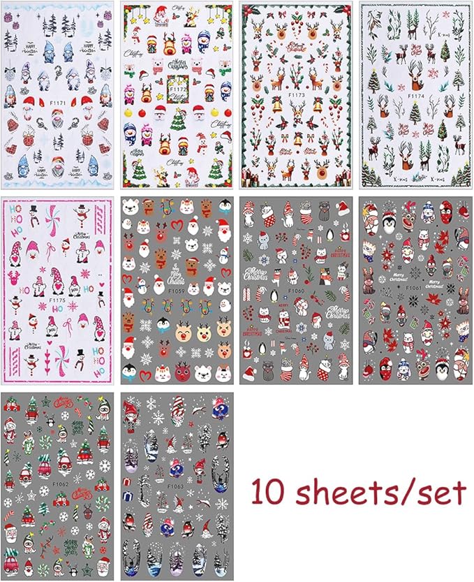 10 Sheets Christmas Nail Art Stickers Decals Cute 3D Self Adhesive Nail Decals Design Snowman Snowflake Deer Santa Claus Penguin Christmas Tree Nail Stickers for Women DIY Manicure Xmas Nail Decor