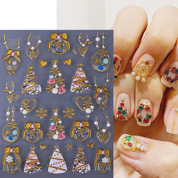 3 Pcs Christmas Nail Art Stickers 5D Embossed Bow Snowball Nail Stickers Xmas Tree Elk Nail Decals Red Gold Bow Snowflake Nails Supplies Winter Holiday Nails Decor for DIY Christmas Party Nail Designs