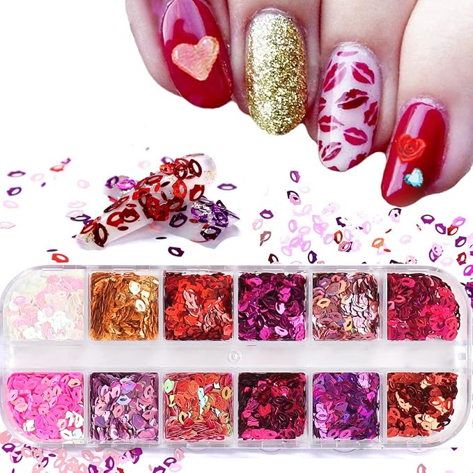 Laser Lips Glitter Nail Art Sequins, Holographic 3D 12 Colors Sparkly Flakes Design, Mouth Shape Nail Glitters Supplies for Women Girls Manicure Powder Charms Decorations, DIY Resin Nail Art Tips