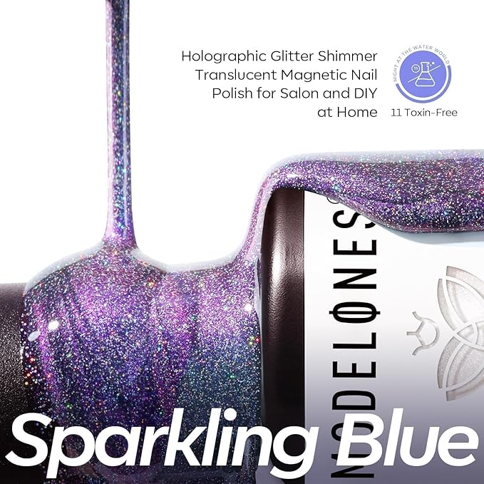 modelones 9D Magnetic Cat Eye Gel Nail Polish, 15 ML Glitter Holographic Glass Rainbow Gel Polish Blue Purple Shimmer Reflective Iridescent Soak Off U V LED Summer Nails Top Coat for Women Girl