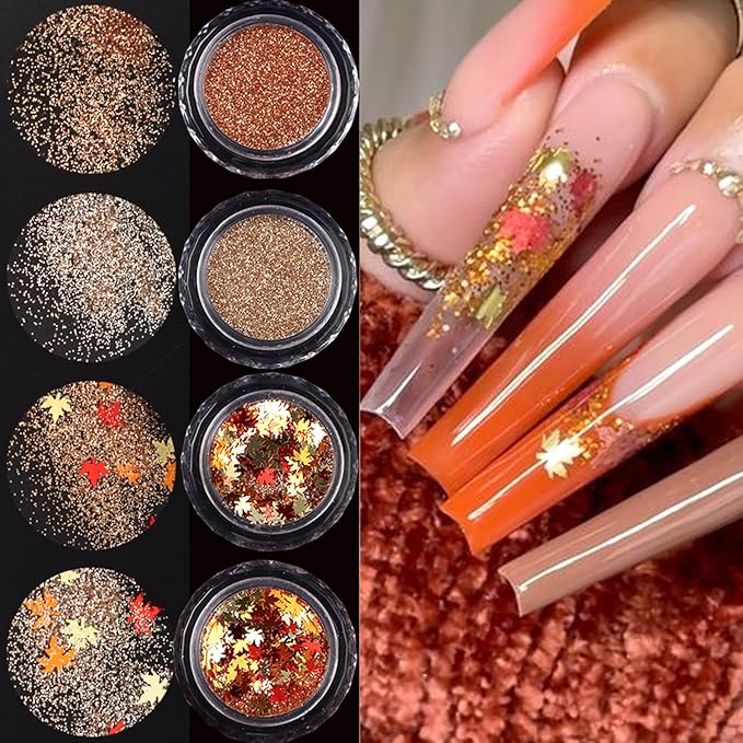 4Pcs Fall Nail Glitters 3D Gold Maple Leaf Nail Sequins with Glitter Flakes Powder Gradient Maple Leaves Shaped Sparkly Supplies for Women Manicure Charms Autumn Winter Thanksgiving Accessories Crafts