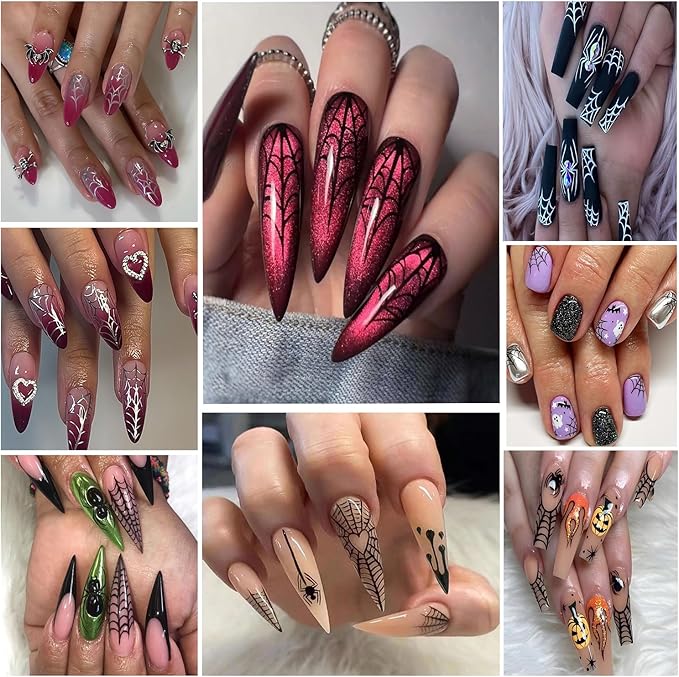 6 Sheets Halloween Spider Web Nail Art Stickers 3D Self -Adhesive Spider Web and Spider Nail Decals Holographic Black Gold Silver Nail Stickers Halloween Nail Decoration for Women Manicure Supplies