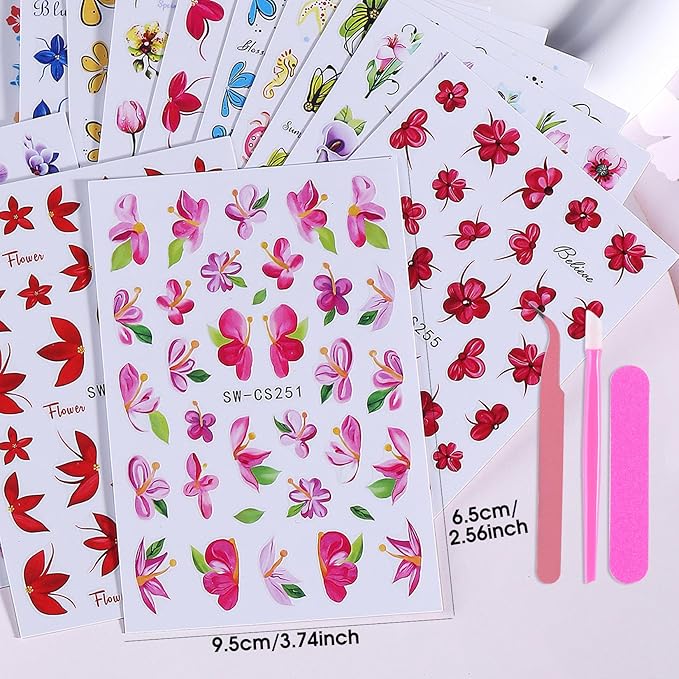 Flower Petal Nail Art Sticker 12 PCS Simple French Floral Nail Decals Lily Orchid Leaves Flamingo Designs with Tweezers Hot Pink Blue Purple Green Flower Sliders Nail Art Decoration DIY Accessories