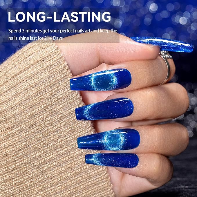 RARJSM Magnetic Cat Eye Gel Nail Polish Blue Silver Glitter 15ml 9D Cateye Galaxy Universal Shimmer Velvet Ice Gel Polish Single Bottle with Magnet Stick UV LED Curing Require Soak Off Home Salon