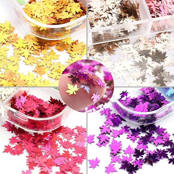 12 Colors Fall Nail Art Stickers Maple Leaf Nail Glitter Sequins 3D Nail Art Accessories Autumn Leaf Shape Flakes Holographic Gold Red Maple Leaves Paillettes Designs Acrylic Nails Supply Kit