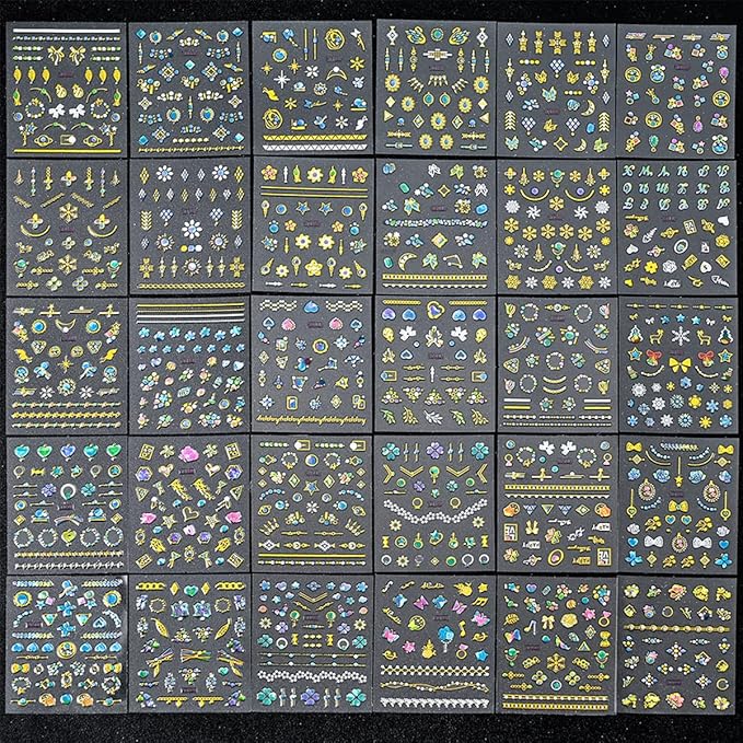 30 Sheets Gold Nail Art Stickers Blue Diamond Nail Design Stickers Heart Self Adhesive Acrylic Nail Supplies 3D Cute Floral Nail Decorations for Women Girls