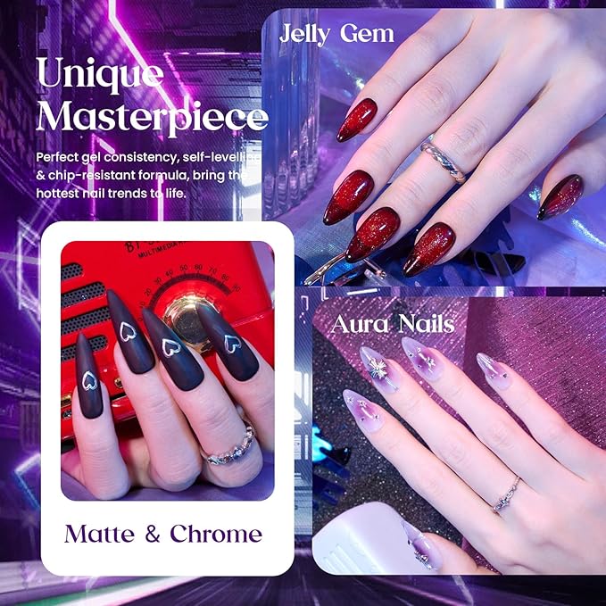 Beetles Jelly Gel Nail Polish Set - Jelly Magic Gel Polish, 6 Colors Christmas Gel Polish Kit Pink Red Black Blue Green Purple Sheer Translucent Effect Soak Off UV Manicure DIY Gift for Women
