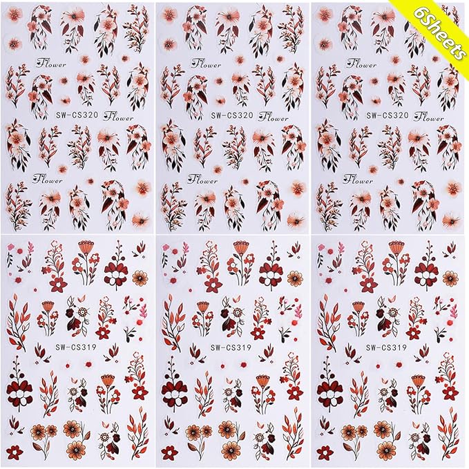 Fall Flower Nail Art Stickers Decals 3D Self-Adhesive Flower Nail Decals Nail Art Supplies 6PCS Brown Flowers Leaf Fall Winter Nails Design Manicure Sliders Accessories for Women DIY Nail Decorations