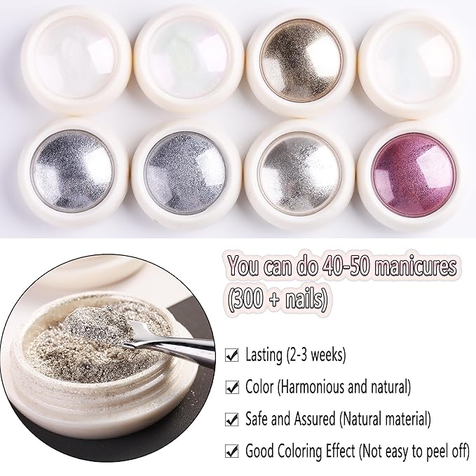Chrome Nail Powder 8 Colors Chrome Powder for Nails Art Glitter Mirror Effect Holographic Pigment Aurora Iridescent Chameleon Powder 8g/Jar,Manicure Decoration Supplies,8 Sponge Sticks