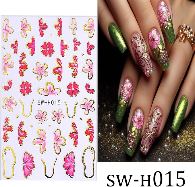6 Sheets Flower Nail Art Stickers 3D Self-Adhesive Hot Stamping Blossom Nails Sticker Spring Nail Art Decals Holographic Floral Nails Decal Decoration for Women Flowers Manicure DIY Nail Supplies