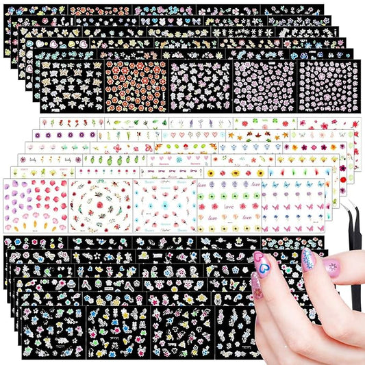 Blulu 5000 Pcs Flower Nail Stickers 100 Sheets 3D Self Adhesive Nail Stickers Multi Design Decals Multicolor Flower Manicure Decals with Tweezer(Retro Floral Series)