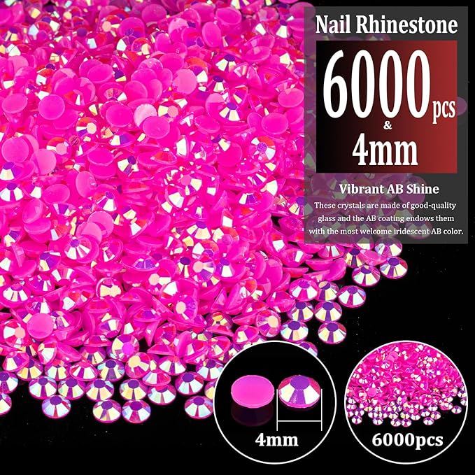 6000pcs 4mm Resin Rhinestones Bulk, Hot Pink AB Flatback Round Jelly Rhinestones Bedazzling Non Hotfix Crystal Gems Large Quantity Wholesale for DIY Crafts Clothes Tumblers Face Makeup Manicure