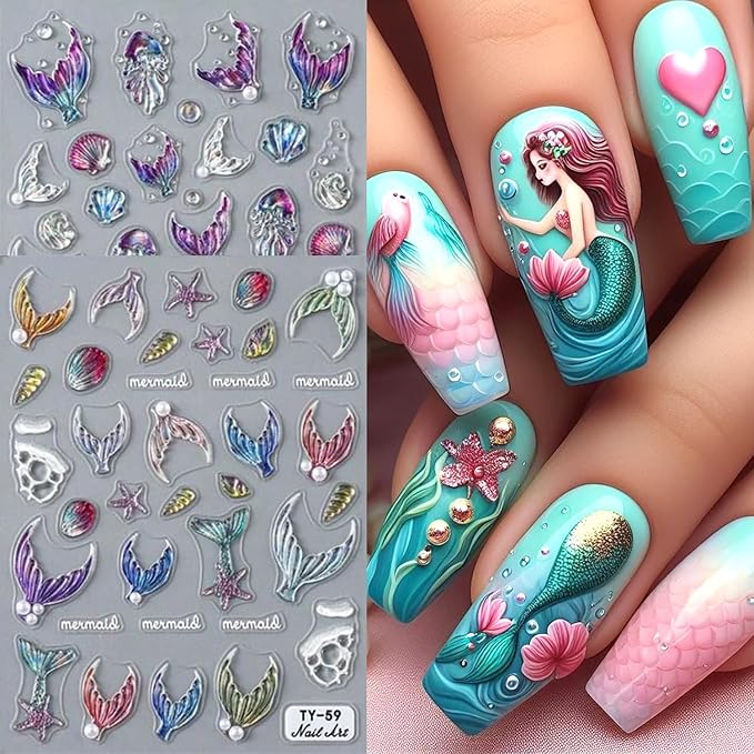 Colorful Mermaid Tail Nail Art Stickers 5D Embossed Ocean Fish Tail Nail Decals with Pearl Design Nail Sticker Self-Adhesive Seashell Starfish Nail Decal Summer Sea Nails Supply for Women Nails Decor