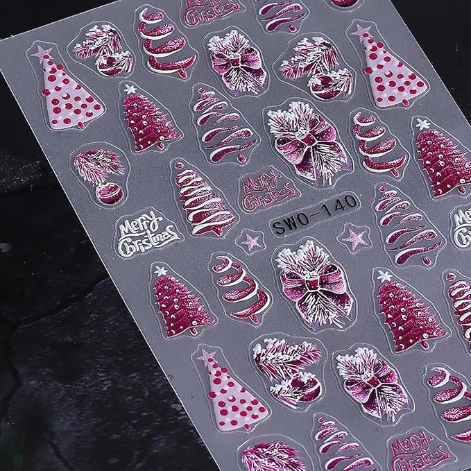 5D Embossed Christmas Nail Stickers for Nail Art - Pink Purple Nail Art Stickers Christmas Tree Bow Light Ball Nail Decals Snowflake Nail Supplies for Women DIY Christmas Decorations 3 Sheets