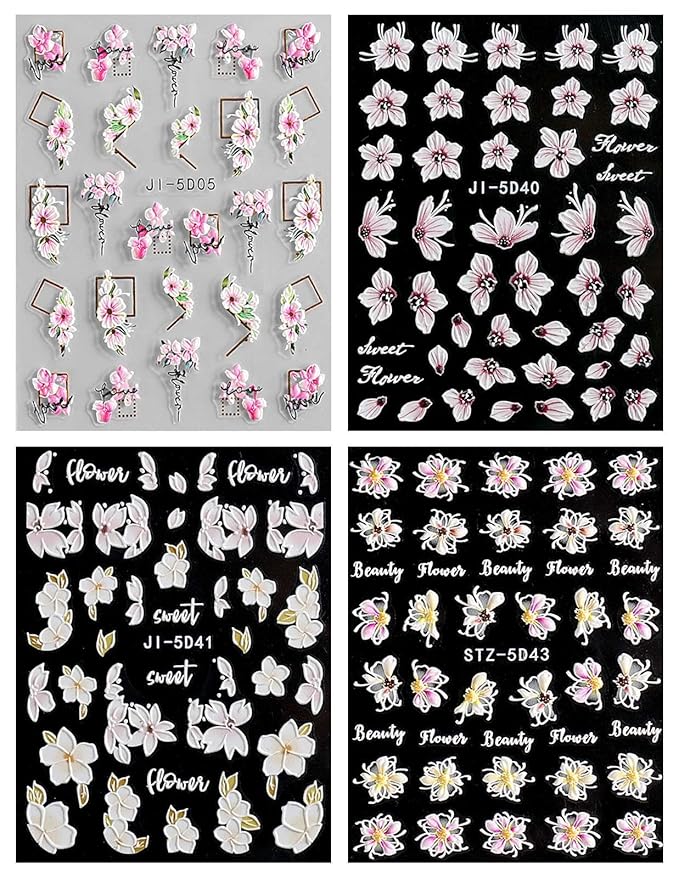JMEOWIO 3D Embossed Spring Flower Nail Art Stickers Decals Self-Adhesive Pegatinas Uñas 5D Colorful Summer Floral Nail Supplies Nail Art Design Decoration Accessories 4 Sheets
