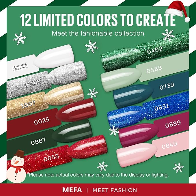 MEFA Christmas Gel Nail Polish Set Limited Edition, 12 Colors Burgundy Red Dark Green Glitter Gel Polish Winter Silver Gold Sparkle Nail Polish Manicure Soak Off Salon Christmas Gifts for Women Girl