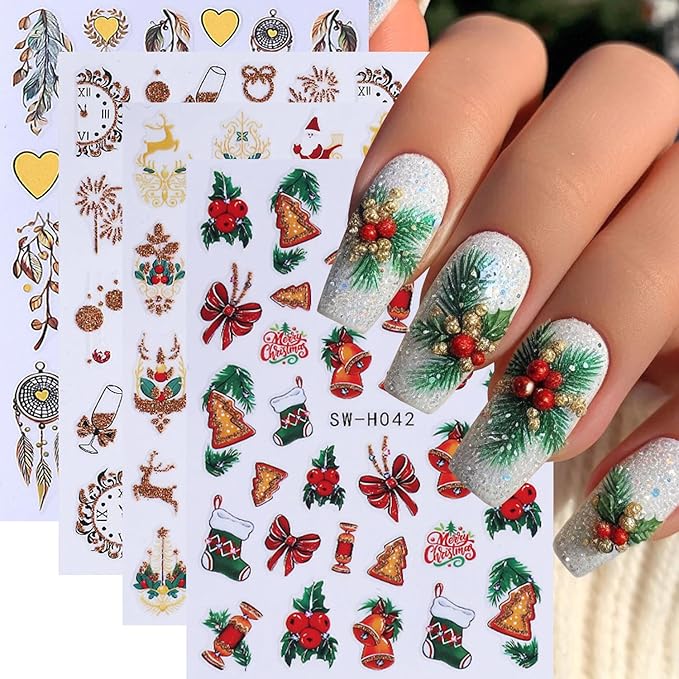 4Sheets Christmas Nail Art Stickers 3D Self-Adhesive Sock Bell Bow Nail Decals for Acrylic Nails Heart Dream Catcher Designs Nail Sticker Glitter Santa Claus Elk Nail Decal for Women DIY Nails Decor