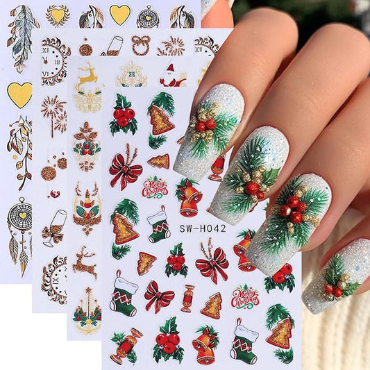 4Sheets Christmas Nail Art Stickers 3D Self-Adhesive Sock Bell Bow Nail Decals for Acrylic Nails Heart Dream Catcher Designs Nail Sticker Glitter Santa Claus Elk Nail Decal for Women DIY Nails Decor