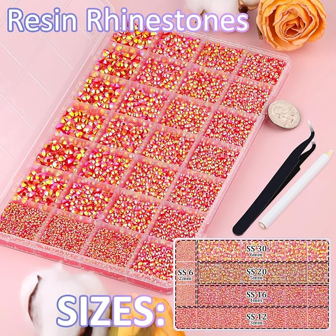 30000Pcs Resin Rhinestones for Bedazzling with Tweezers, Red AB Rhinestones for Crafting with B7000 Jewelry Glue for DIY Crafts Clothing Tumblers Shoes Fabric Nail Art