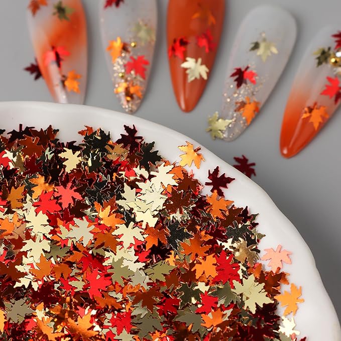 Fall Nail Art Glitters Shiny Mixed Golden Maple Leaf Nail Sequins Holographic Maple Leaves Nail Glitter Flakes Sparkly Autumn Winter Nail Designs Fall Stickers Decals Thanksgiving Decorations (1Bag)