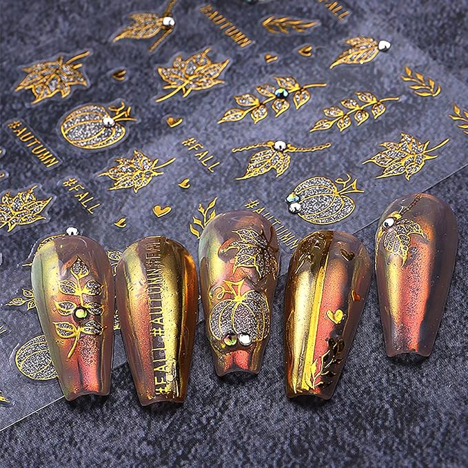 2 Sheets Fall Nail Stickers for Nail Art Glitter Gold Leaf Nail Art Stickers Embossed Autumn Pumpkin Nail Decals 5D Self-Adhesive Diamond Nail Design Sticker for Women Thanksgiving Nails Decoration