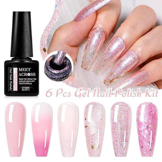 MEET ACROSS Gel Nail Polish Set 6 Pcs Glitter Colors Gel Nail Kit Art Design Soak Off UV LED (SET-8, 6pcs)