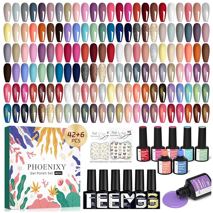 phoenixy 50 Pcs Gel Nail Polish Set, 42 Colors Nail Polish with 2 Base Coat & 4 Effects Top Coat Red Brown Colors Gel Polish Kit Nail Starter Set Gifts for Women Girls