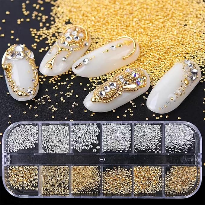 Nail Art Pearls with Rhinestones Glue Gel Flatback Pearls Nail Charms Luxurious Nails Supplies Accessories Gold Silver Gems Jewelry Colorful Pearl for Women Nails Design(4 Colors)
